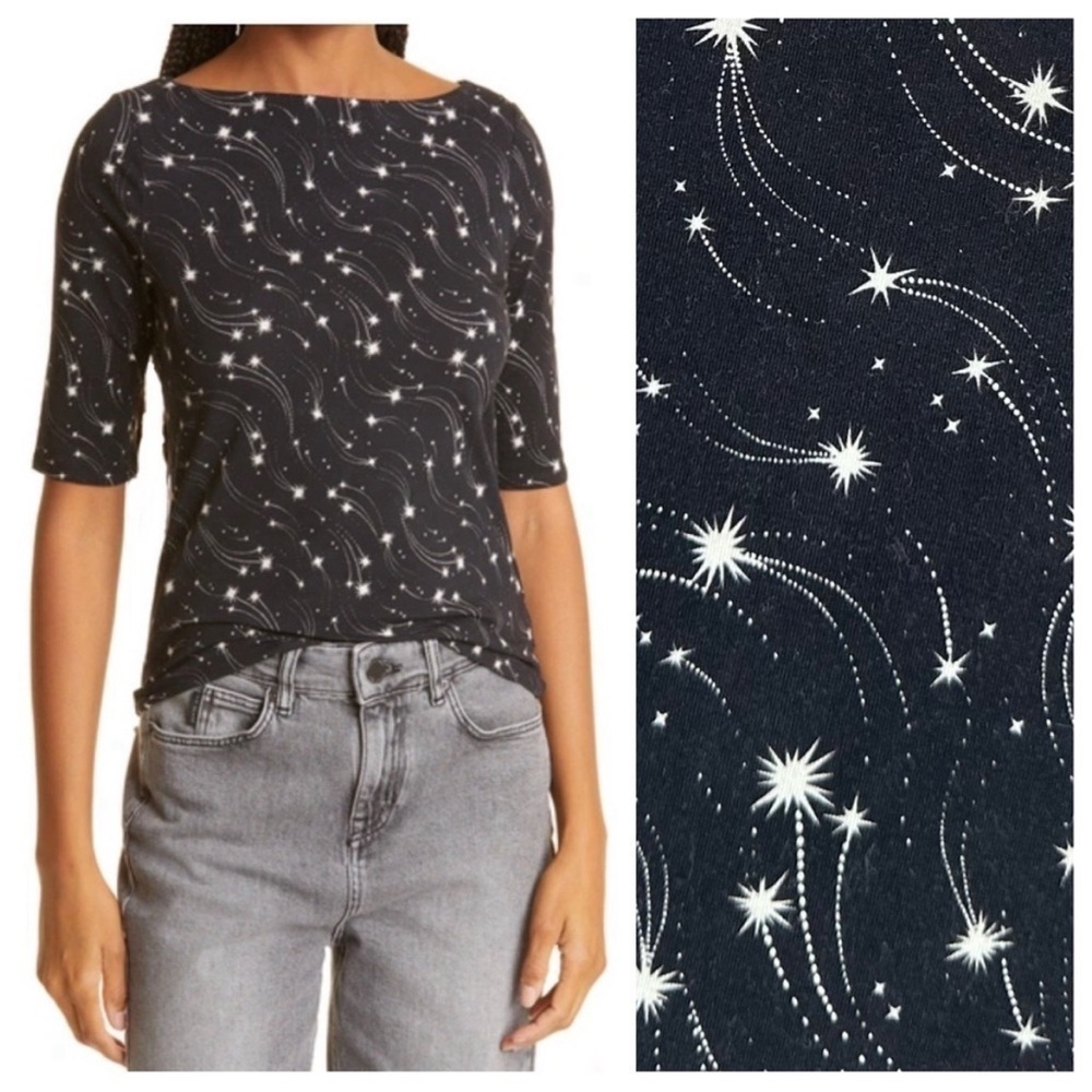 Ted Baker Starez Slash neck star print top black white stretch Shirt Sz 2 US 6